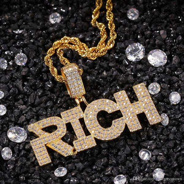 

hip hop cubic zirconia paved bling iced out solid rich pendants necklace for men rapper jewelry gold silver necklace