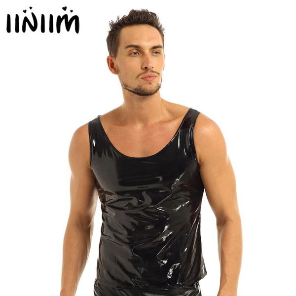 

mens male shiny wet look leather tank sleeveless slim homme gymnastics vest muscle fitness night party moto clubwear, White;black