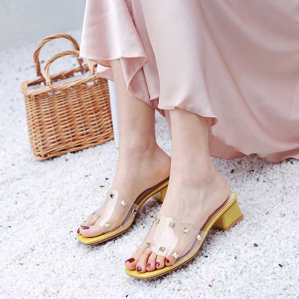 

2020 summer rivet yellow white women sandals 5.5cm block high heels mules femme shoes 11813abx2282, Black