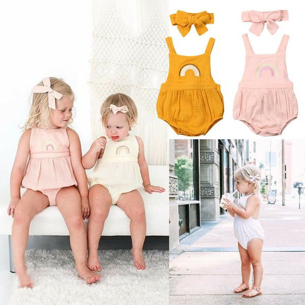 

newborn baby girl boys jumpsuits headband 2pcs sleeveless rainbow print backless bodysuits outfit set clothes, Blue