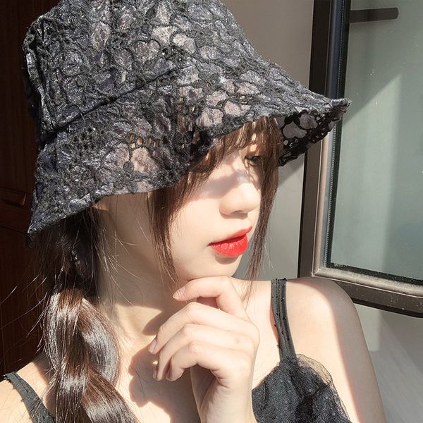 

new fashion lace flower lady bucket cap women fishermen outdoor sun panama beach hat gorras, Blue;gray
