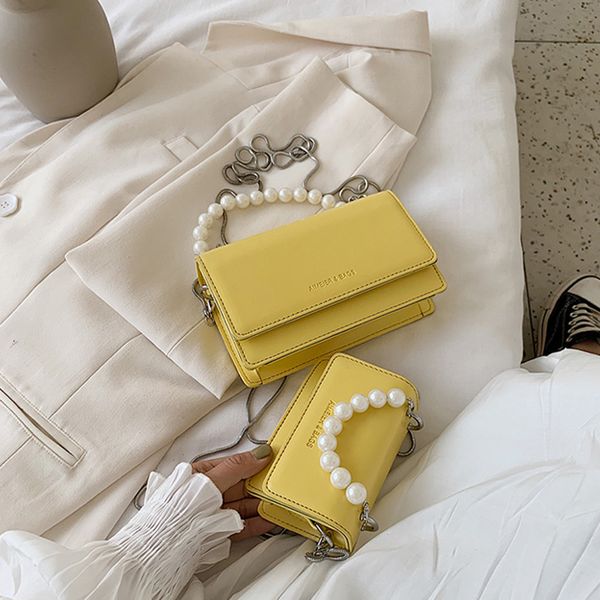 

2020 summer new trendy korean style pearl chain tote bags small square bag for women simple versatile candy color shoulder bolsa