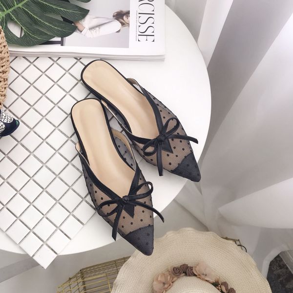 

2019 new korean version of the red lace net yarn wave point pointed flat bottom half drag muller shoes slippers women y200624, Black