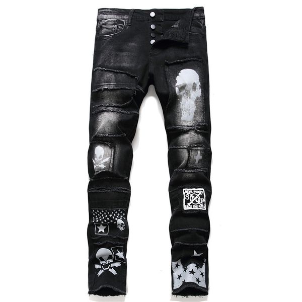 

new fashion male men's black hole jeans slim feet korean trend punk beggar pants boys young stretc trousers, Blue