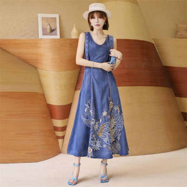 

summer100% cotton denim dress 2020 vintage women dresses o-neck sleeveless vintage embroidery swing hem sundress s82168 vestidos, Black;gray