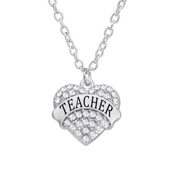 

1 pcs/lot drop ship alloy metal rhodium plated hearts in crystal teacher charms necklace teacher's day jewelry, Silver