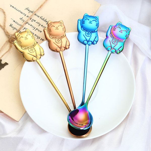 

dropshipping creative 304 stainless steel cartoon lucky cat spoon gift coffee stirring spoon ice cream dessert spoons kitchen tools t3702