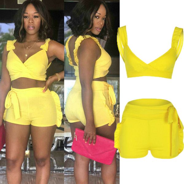 

2019 summer casual women sleeveless ruffled solid short jumpsuit romper 2pcs sets party clubwear elegant soft clothes, Gray