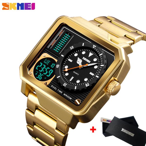 

skmei fashion sport watch men's casual digital electronic quartz clock stainless steel strap alarm wristwatch relogio masculino, Slivery;brown