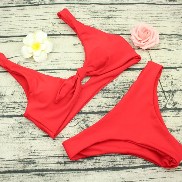 

preetee bikini knotted padded red color bikini set women swimwear swimsuit scoop neck solid high cut bathing suit brazilian, White;black