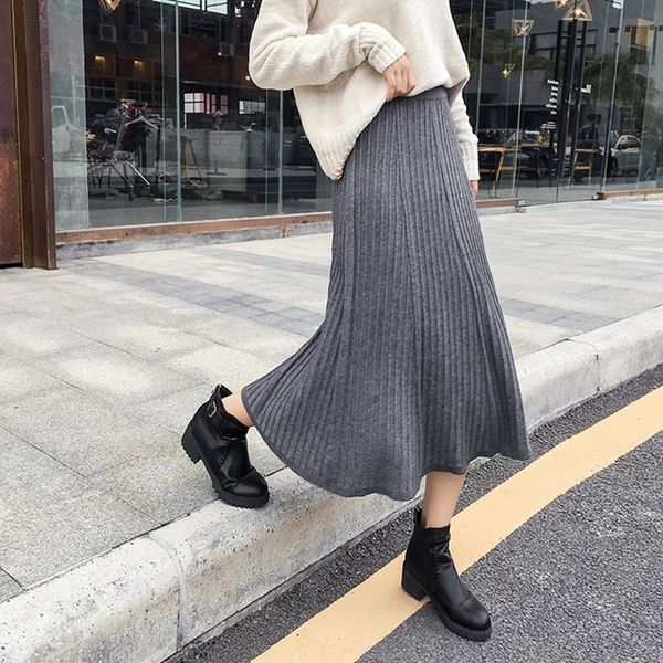

knitted women's 2020 autumn and winter new korean style high waist solid color pleated a- line mid-length long long skirt skirt, Black
