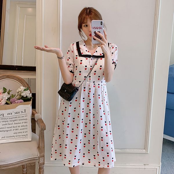 

2032# maternity clothes summer chiffon short sleeve loose stylish mid-long slimming dress for pregnant women mom dress, White