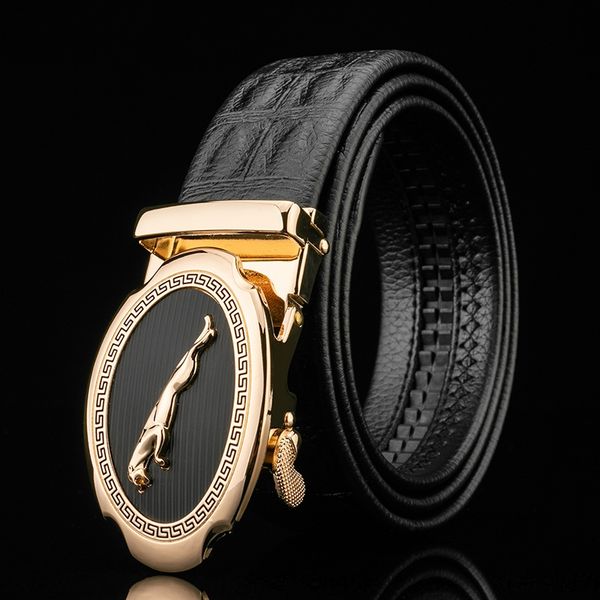 

male genuine leather belt personalized leopard head automatic buckle embossed crocodile pattern cowhide belt male, Black;brown