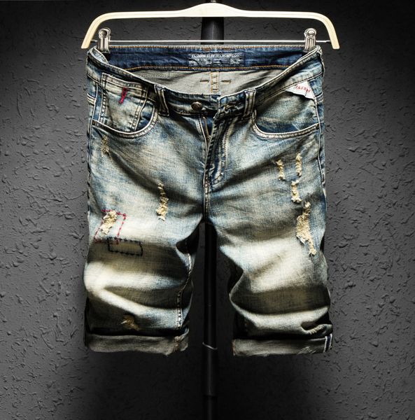 

summer style men denim jeans luxury men slim stretch jeans shorts zipper straight moto & biker hole shorts pants for, Blue
