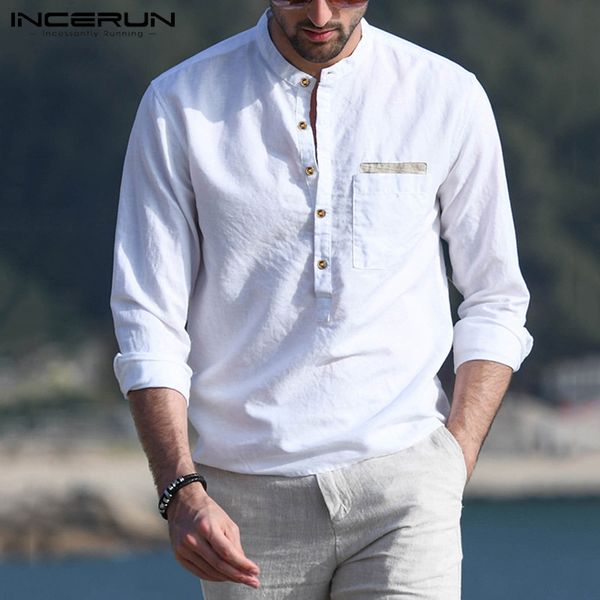 

men's casual shirts 2021 men shirt brand cotton long sleeve stand collar handsome streetwear chic solid color camisa s-5xl incerun, White;black