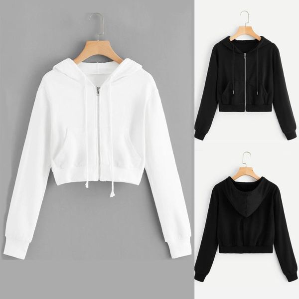 

#h40 short hoodie women casual solid long sleeve zipper sweatshirt with pocket spring autumn shirts hooded hoodies women, Black