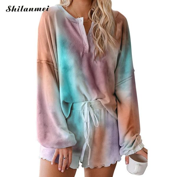

women long sleeve and shorts 2020 spring summer pink tie dye casual 2 piece matching set home clothing pajama loungewear, White
