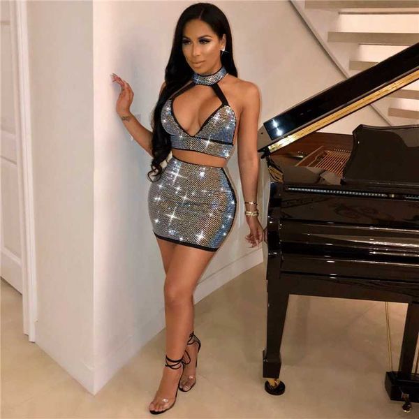 

women sets sequin party two piece sets bandage womens crop and mini skirt crystal bling 2 piece set women suits outfits, Gray