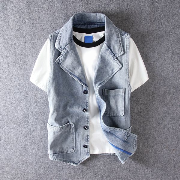 

2020 men's summer lapel large pocket vest denim youth light-colored retro three-pocket denim vest, Black;white