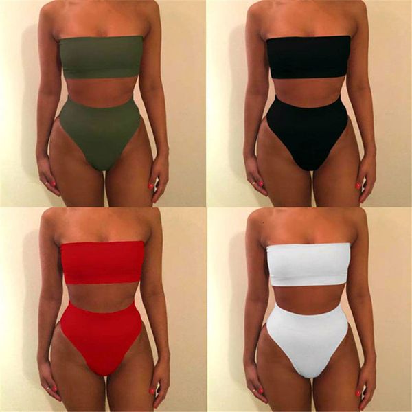 

women high waist swimsuit bikini bandeau thong plus size swim wear women 2020 biquinis swimming suit bathing biquini, White;black