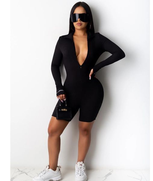 

europe and america 2020 summer zipper high neck embroidered sports short high elastic pit strip jumpsuit ff1011, Black;white