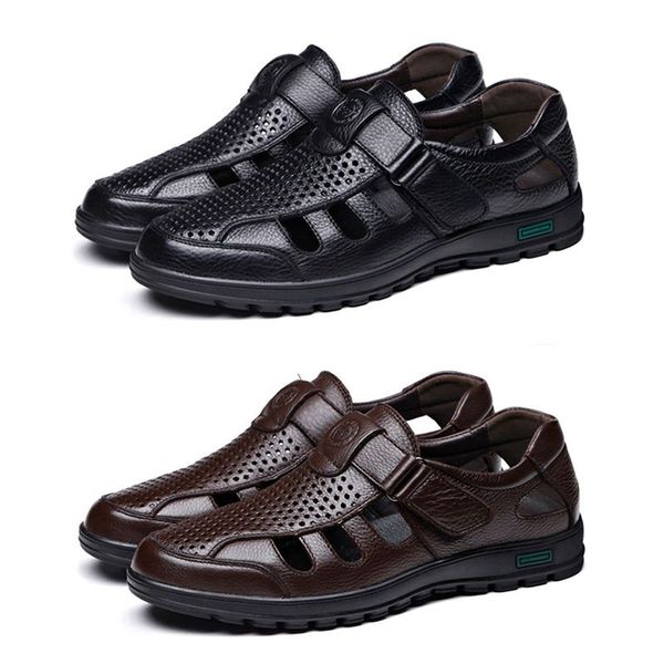 

jhd-genuine leather men sandals shoes fretwork breathable fisherman shoes style retro gladiator soft bottom summer classics men, Black