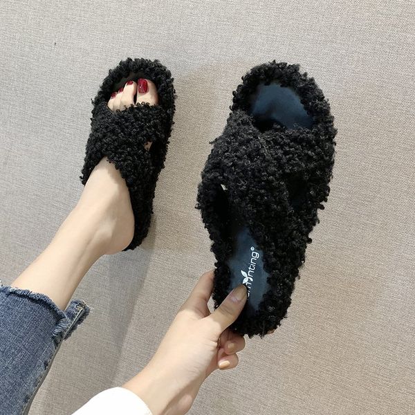 

flock slippers casual flat shoes female rubber flip flops slides slipers women fur sliders low luxury hawaiian 2020 plush with, Black