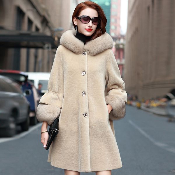 

women's real fur coat winter jacket collar hooded grain sheep shearling 100% wool fur coats for women clothes 2020 810 kj, Black
