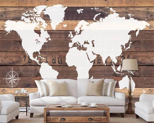 

3d wallpaper european and american nostalgic wood board world map bar coffee shop background wall silk mural wallpaper