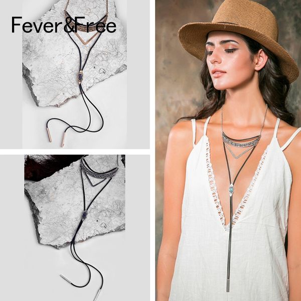 

fever&boho retro black leather necklace multilayer triangle beautiful stone necklace long chain jewelry for women gift, Silver