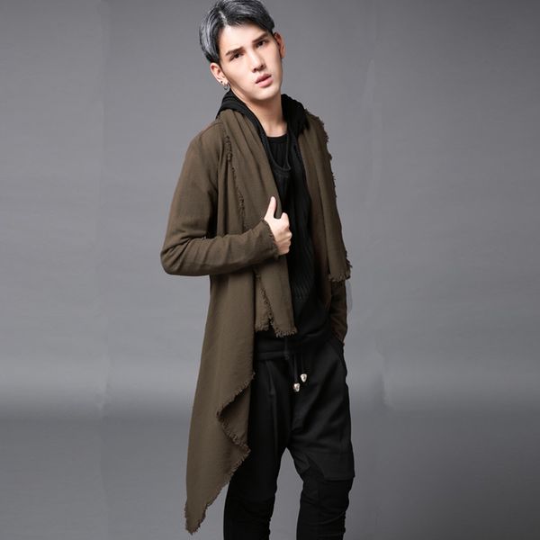 

корейская стильной удлиненный панк траншеи пальто мужчины браун сыпучей осень весна хип-хоп верхняя одежда, Tan;black