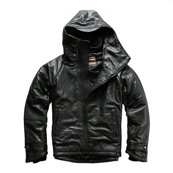 

a1235 read descriptionsuper warm mens genuine cow leather 80% duck feather down jacket thick cowhide skin winter leather jacket, Black