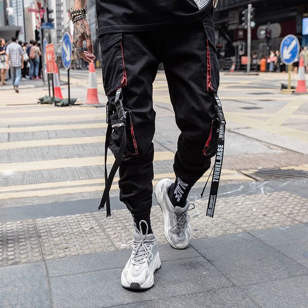

мужские брюки летняя мода webbing хип-хоп mens европы и америки стиль штанах повседневная мужчины multi-карман черные брюки размер m-4xl, Black