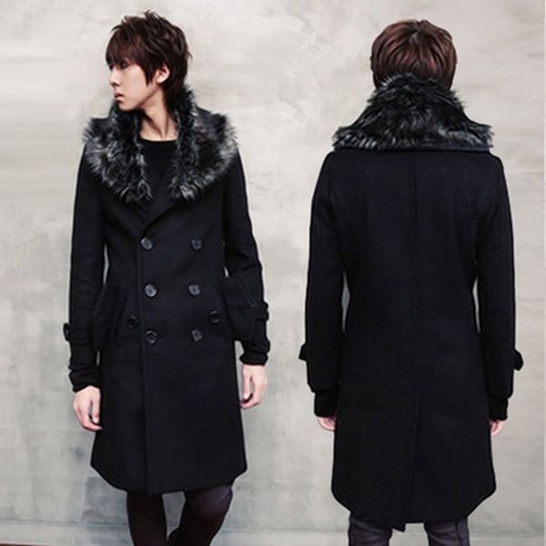 

осень и зима новый мужской двубортный шерстяной ветровка ветровка мужская средней длины шерстяных пальто большой меховой воротник пальто, Tan;black