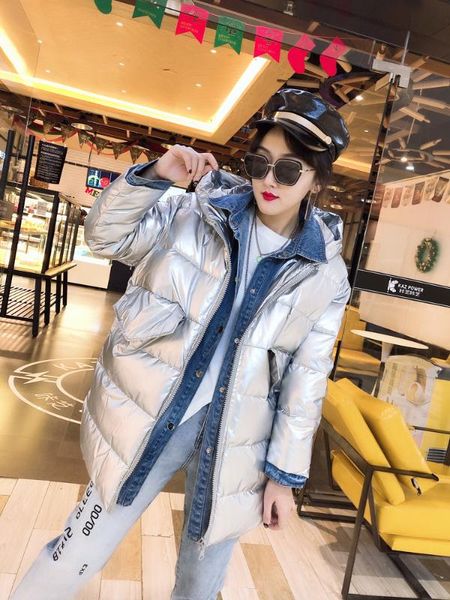 

mid-length silver shiny fake two-piece cotton jacket loose casual thickening warm winter women's parka coat 2020 fashion new, Black
