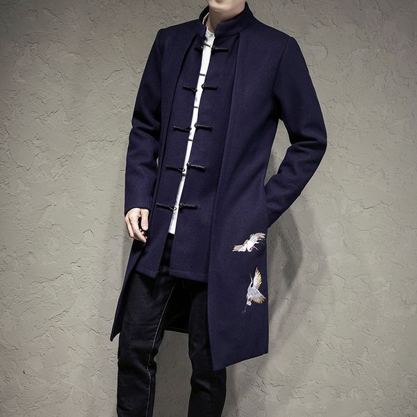 

tang suit national style youth windbreaker windbreaker woolen coat buckle embroidered mid-length woolen coat, Black