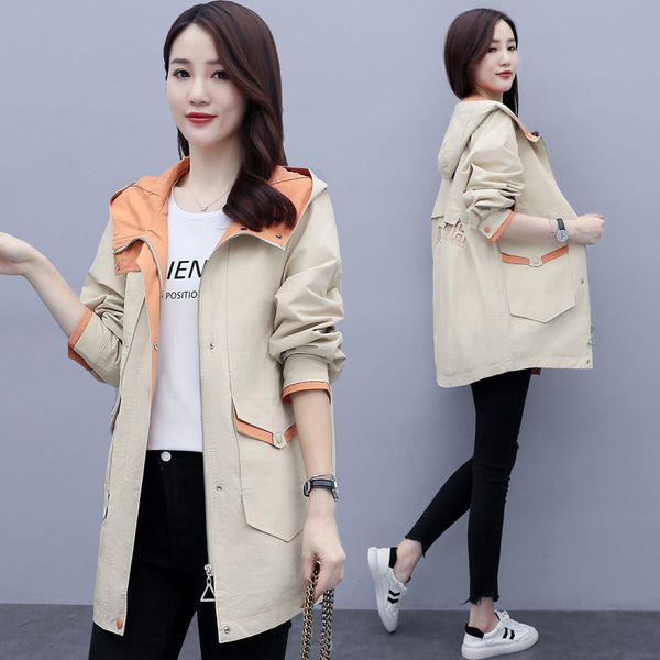 

women's trench coats windbreaker mid-length coat 2021 spring and autumn korean loose casual all-match color contrast hooded jacket k109, Tan;black