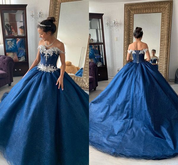 

glitter crystal beaded quinceanera prom dresses off the shoulder sequined tulle ruched sweet 16 cocktal graduation dress vastidos de, Blue;red
