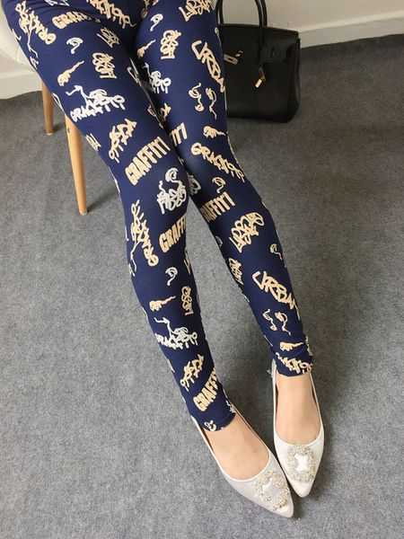 

flower printed floral leggings women lady slim polyester high elastic cotton pants multiple, Black