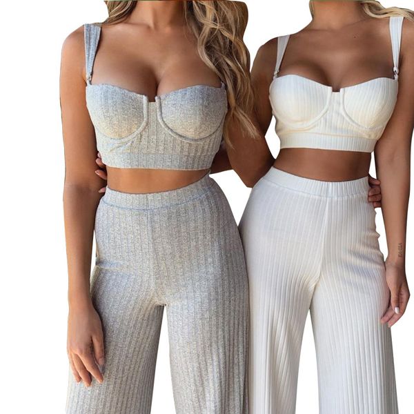 

two piece dress articat white set women knitted tracksuit sleeveless strapless crop and pants 2 sets womens outfits