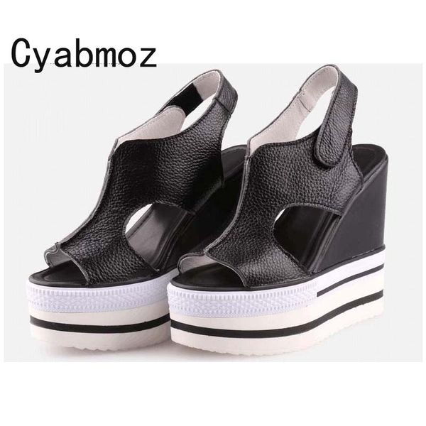 

summer shoes woman genuine leather peep toe concise wedge heel sandals rome wedges shoes platform sandals ladies sandalias, Black