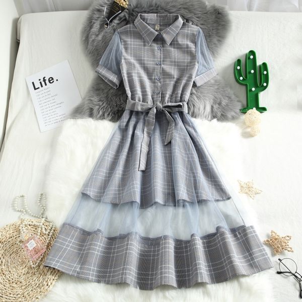 

мори девочка 2020 длинных юбки лета новой сетки клетчатой ​​рубашки с длинным платьем шить платье для женщин, Black;gray