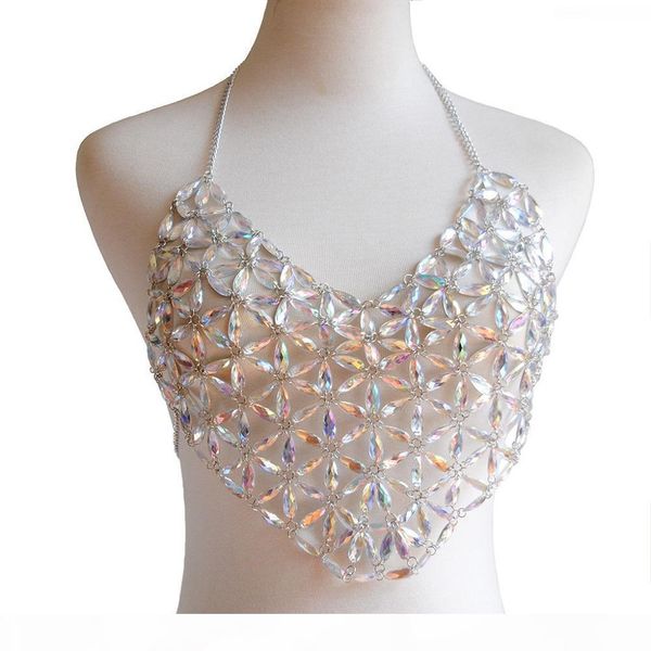 

new trend nightclub color stitching vest body chain, Slivery;golden