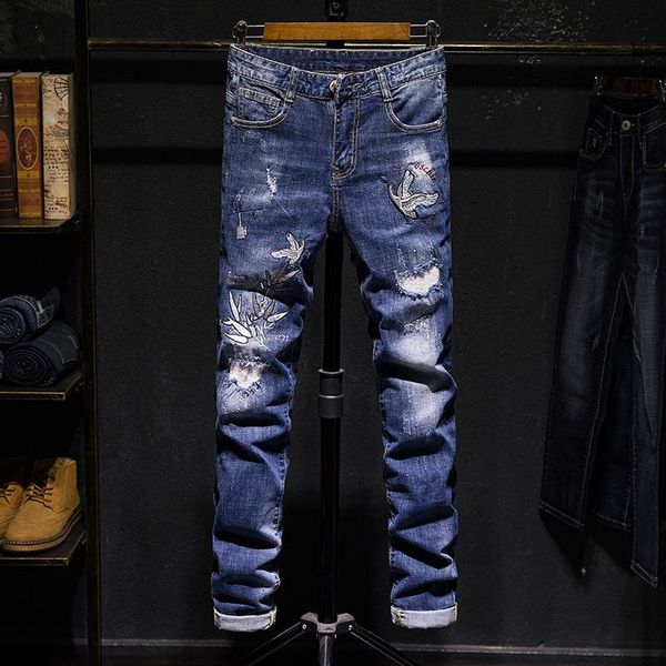 

men's jeans light color elastic hole badge trend pants ripped biker denim, Blue