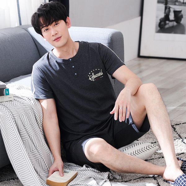 

gfhwe two-piece suit short-sleeved casual loose pajamascotton men's pajamas two-piece suit short-sleeved home wear casual loose pajamas, Black;brown