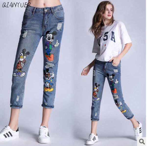 

4xl мода высокой талией карандаш boyfriend jeans femme печать cartoon джинсы женщина джинсовые брюки плюс размер ripped для женщин, Blue