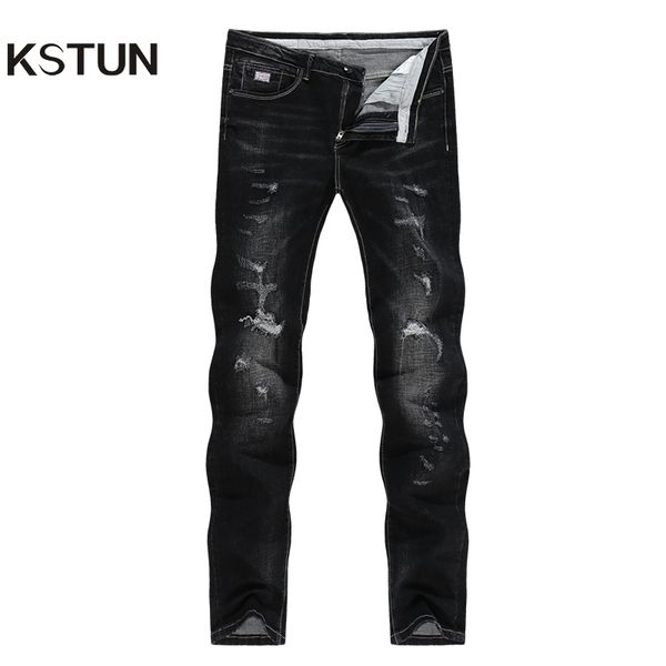 

kstun solid black jeans men autumn and winter distressed stretch streetwear ripped men casual pants slim hiphop cowboys trousers, Blue