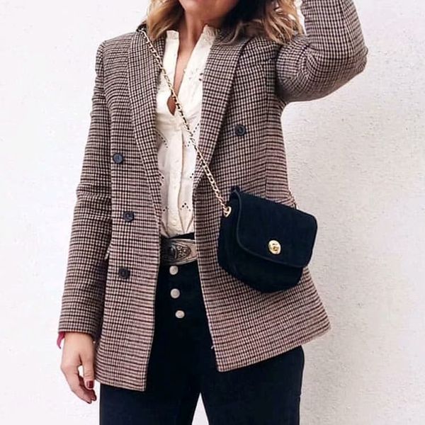 

new women plaid blazer 2020 women autumn winter trending coat fashion elegant long-sleeved double-breasted blazer casual, White;black