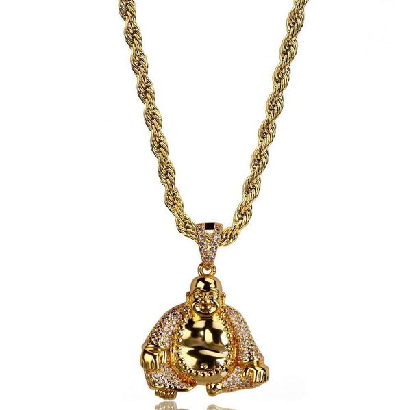 

micro pave cubic zircon maitreya buddha necklaces & pendant 24 inch chain length all iced out bling necklace for male, Silver