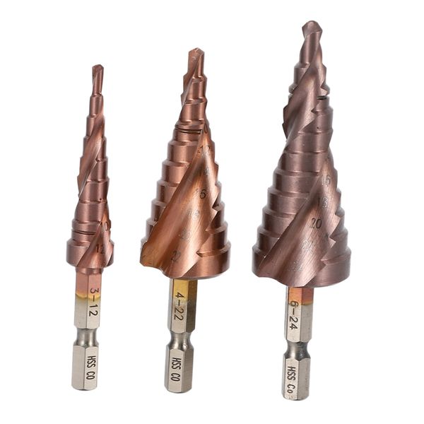 

hex hss с покрытием шаг сверло hss m35 co spiral groove metal step drill 3-12 4-22 6-24mm